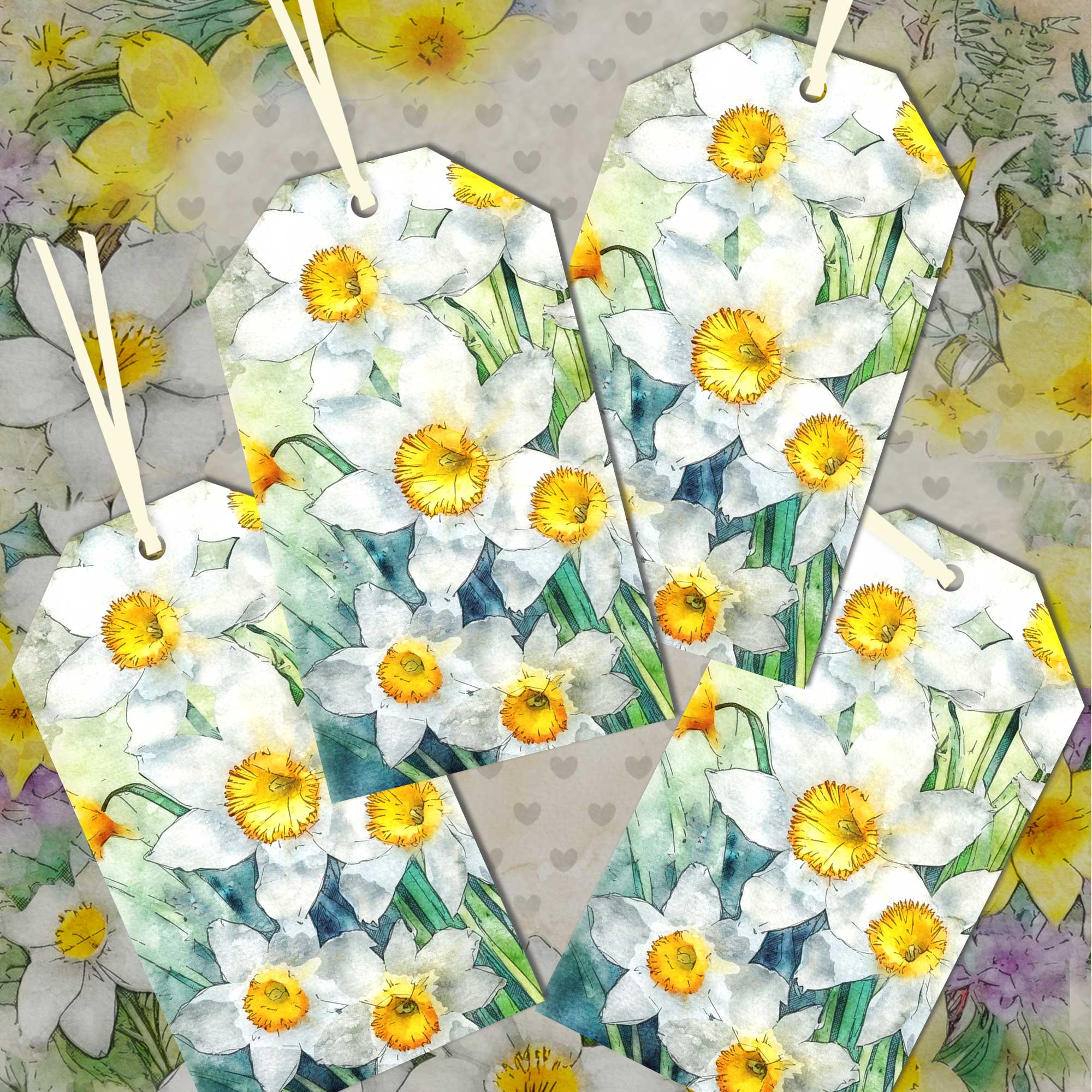 White Narcissus Gift Tags - Easter Four Tag Pack - Spring Birthday