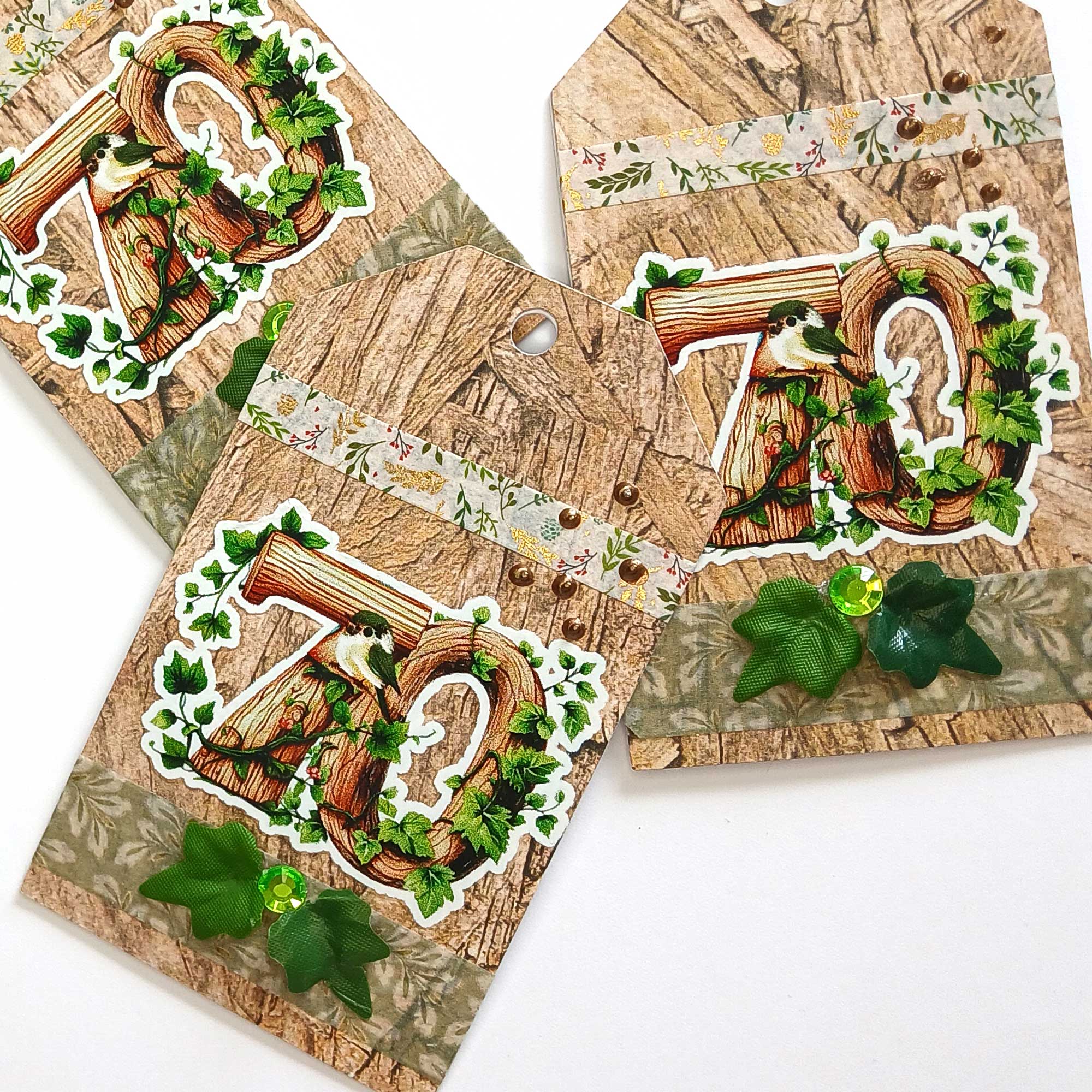 Embellished 70th Gift Tags - Woodland Birds