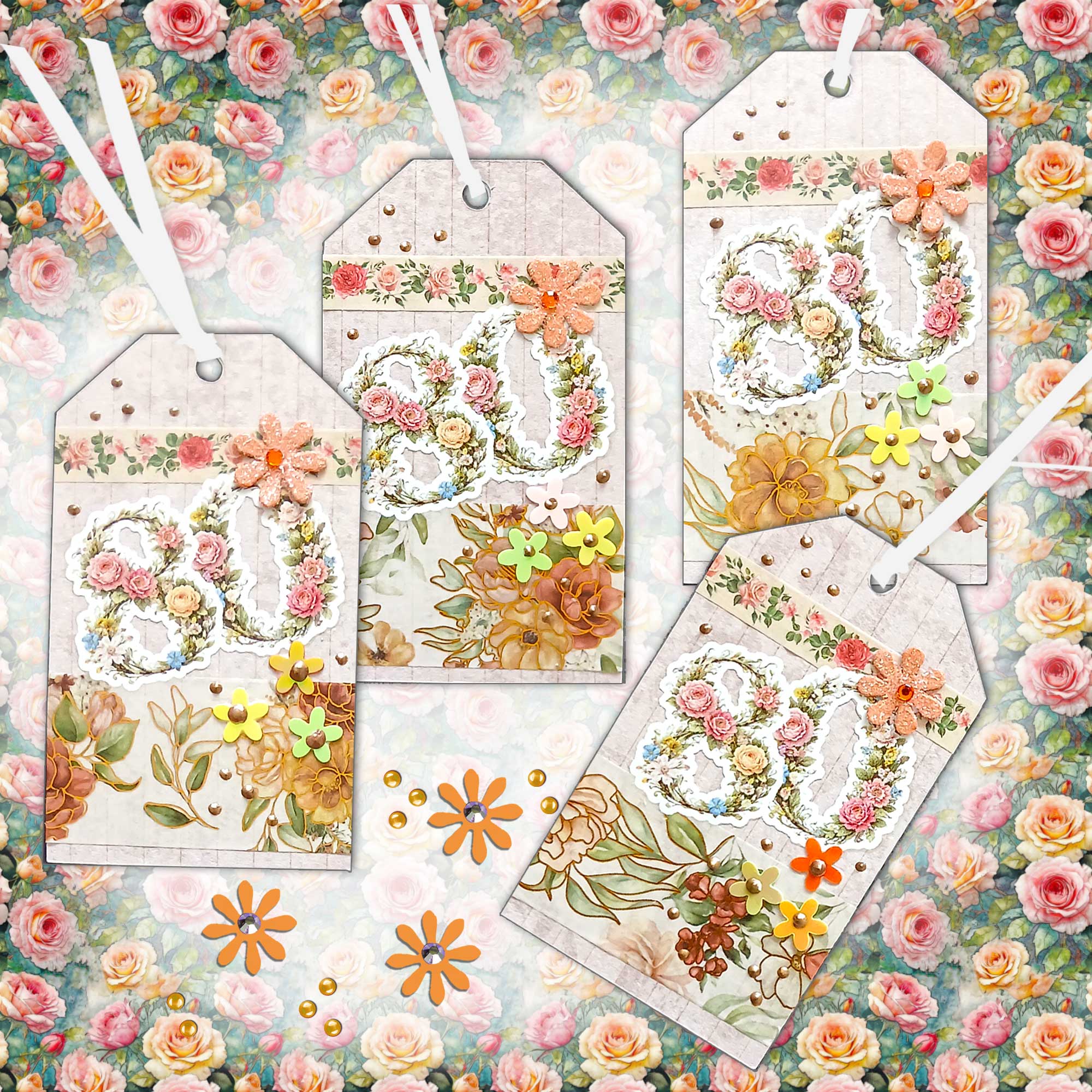 Deluxe 80th Gift Tags - Floral Rose Design