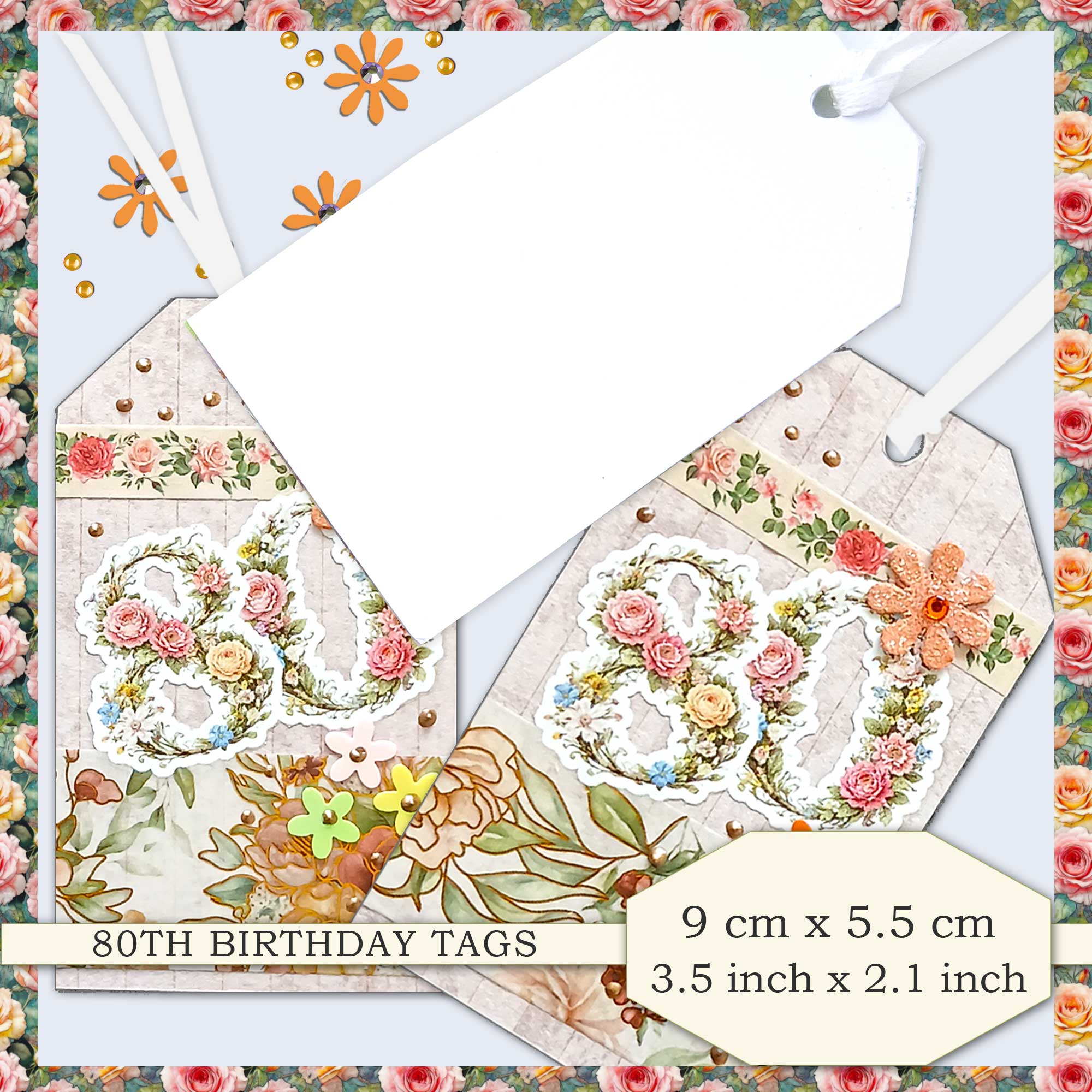 Deluxe 80th Gift Tags - Floral Rose Design