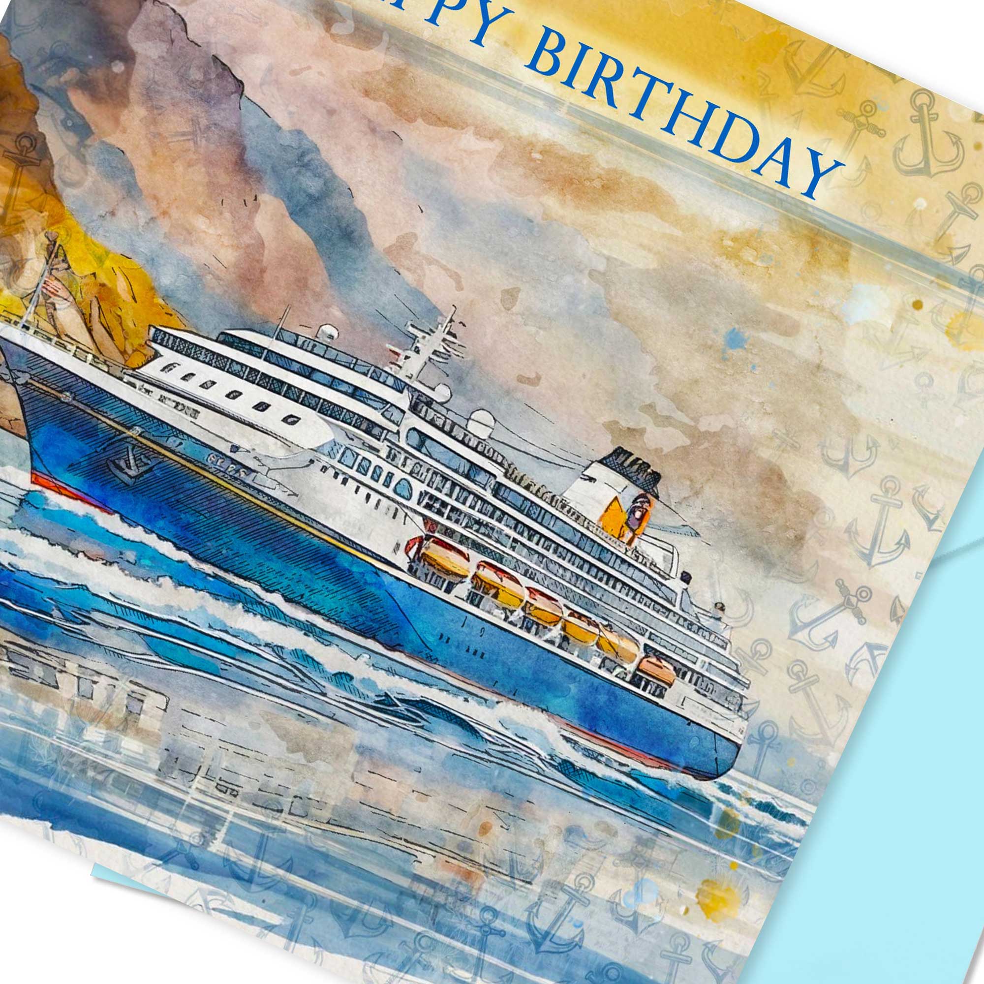 Cruise Ship Birthday Card Colourful Watercolour