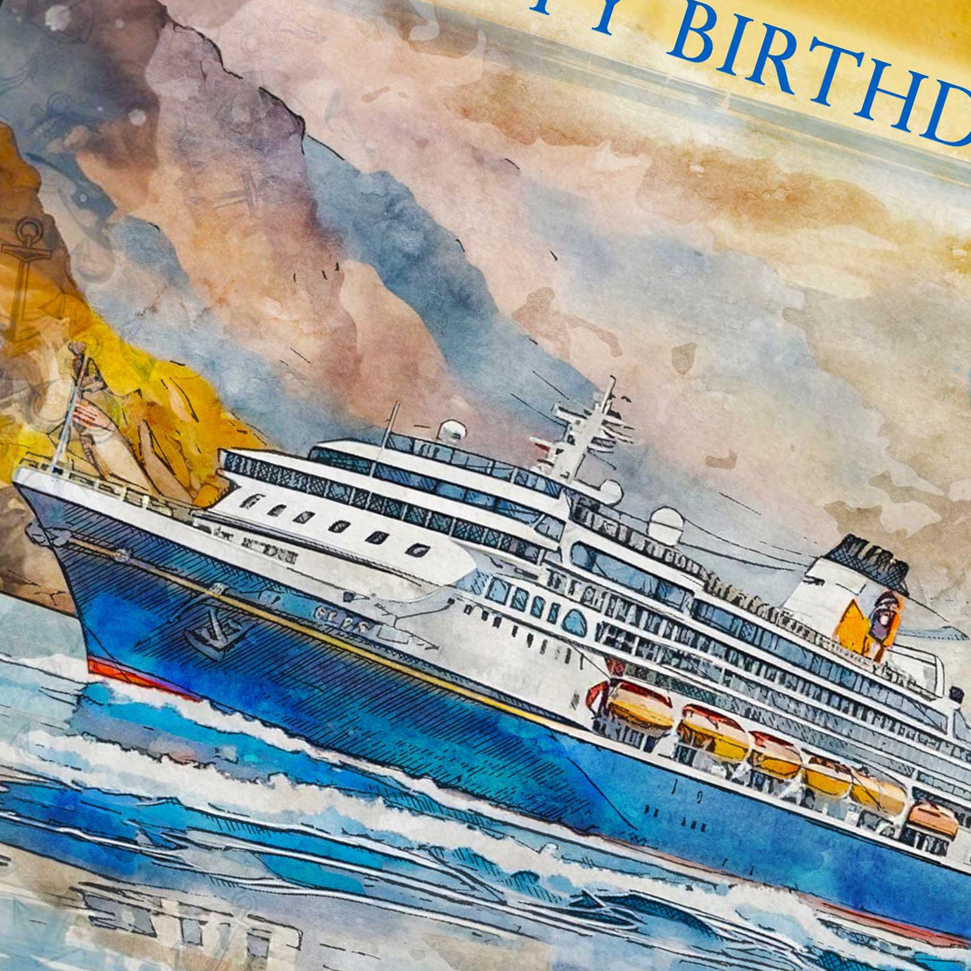 Cruise Ship Birthday Card Colourful Watercolour
