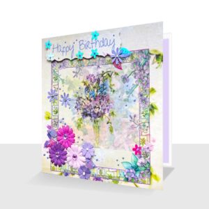 Happy Birthday Card Bluebells and Honesty Hand Embellished