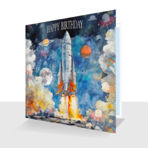 Space Rocket Birthday Card Colourful Design