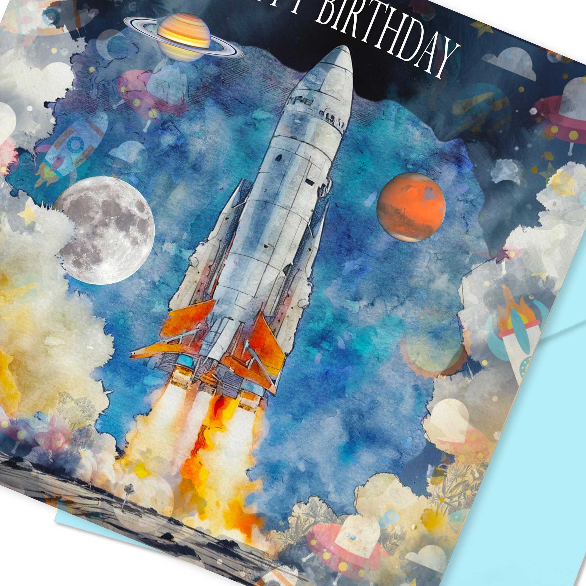 Space Rocket Birthday Card Colourful Design