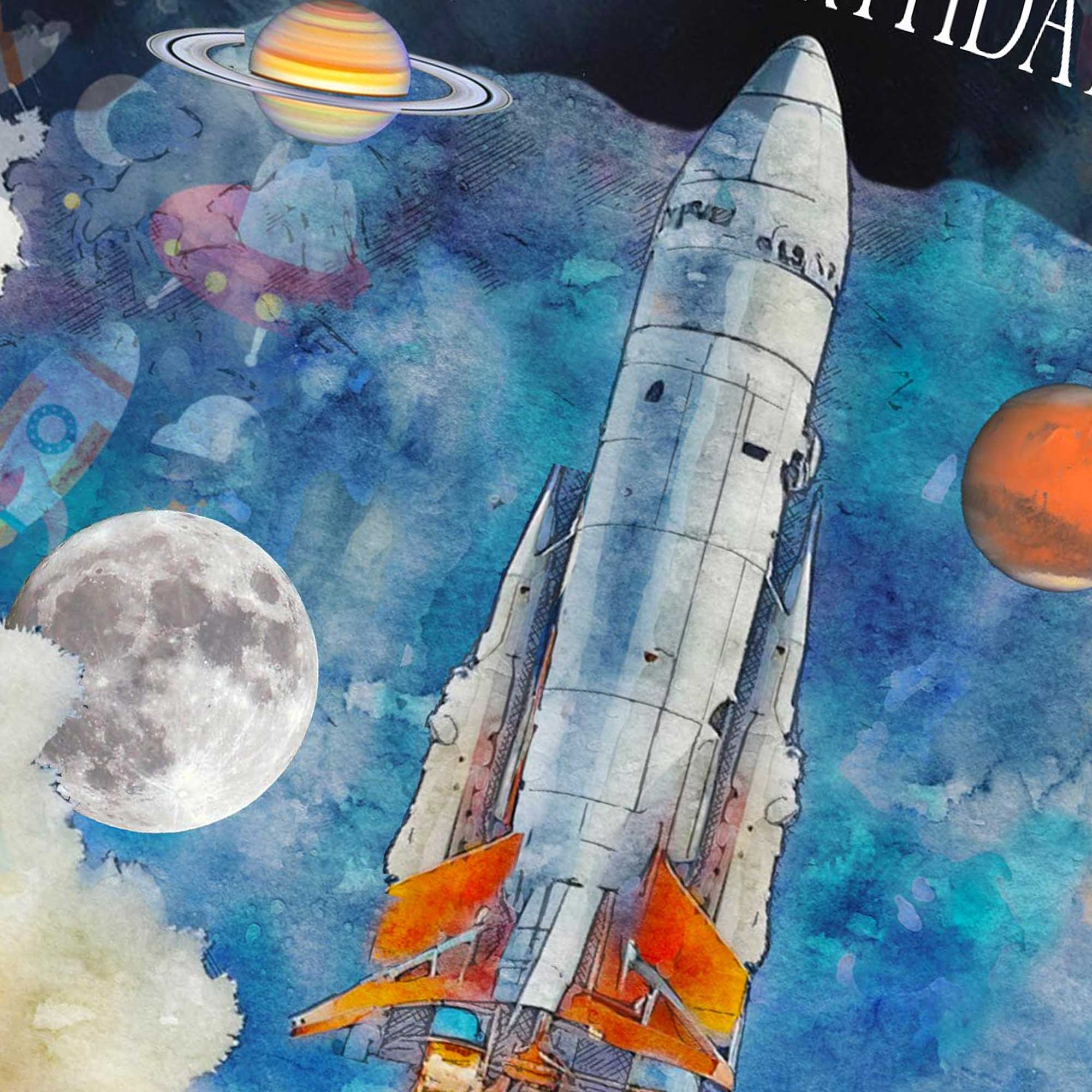 Space Rocket Birthday Card Colourful Design