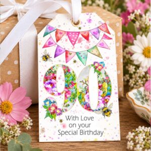 Embellished 90th Gift Tag - Deluxe Pink Floral Design