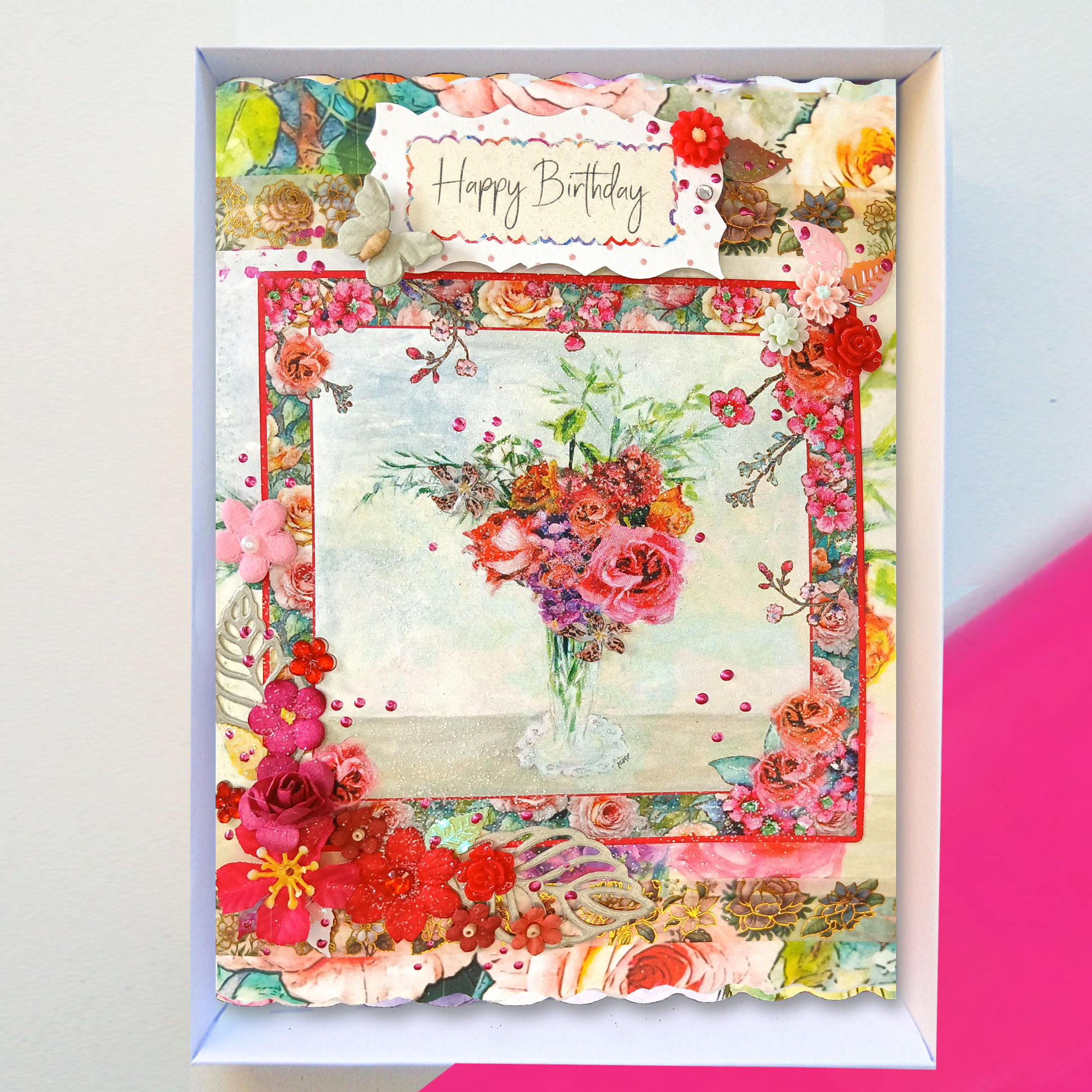 Superior A5 Birthday Card : Boxed Roses and Wallflowers Design