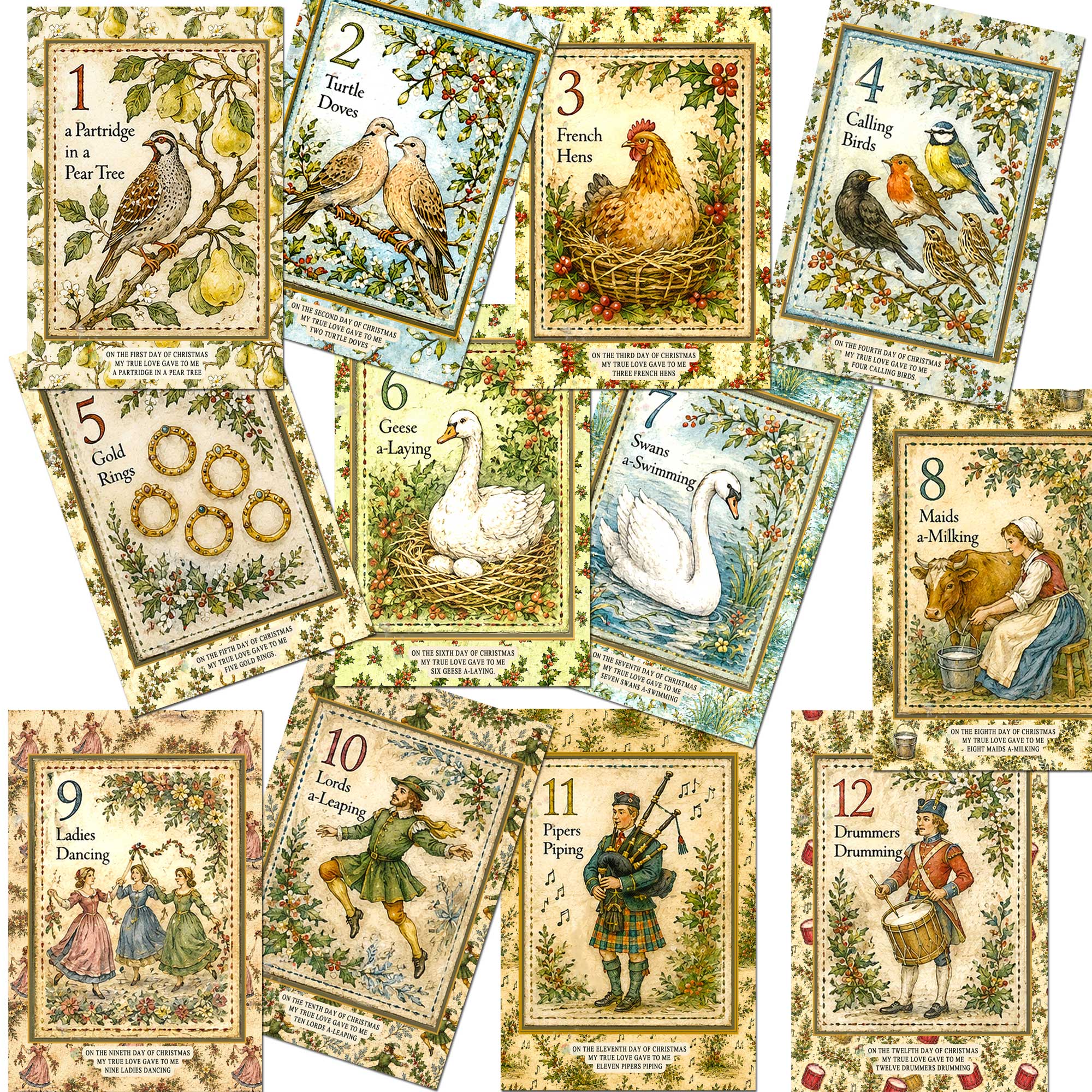 Twelve days of Christmas Cards 12 Pack - One of Each Design