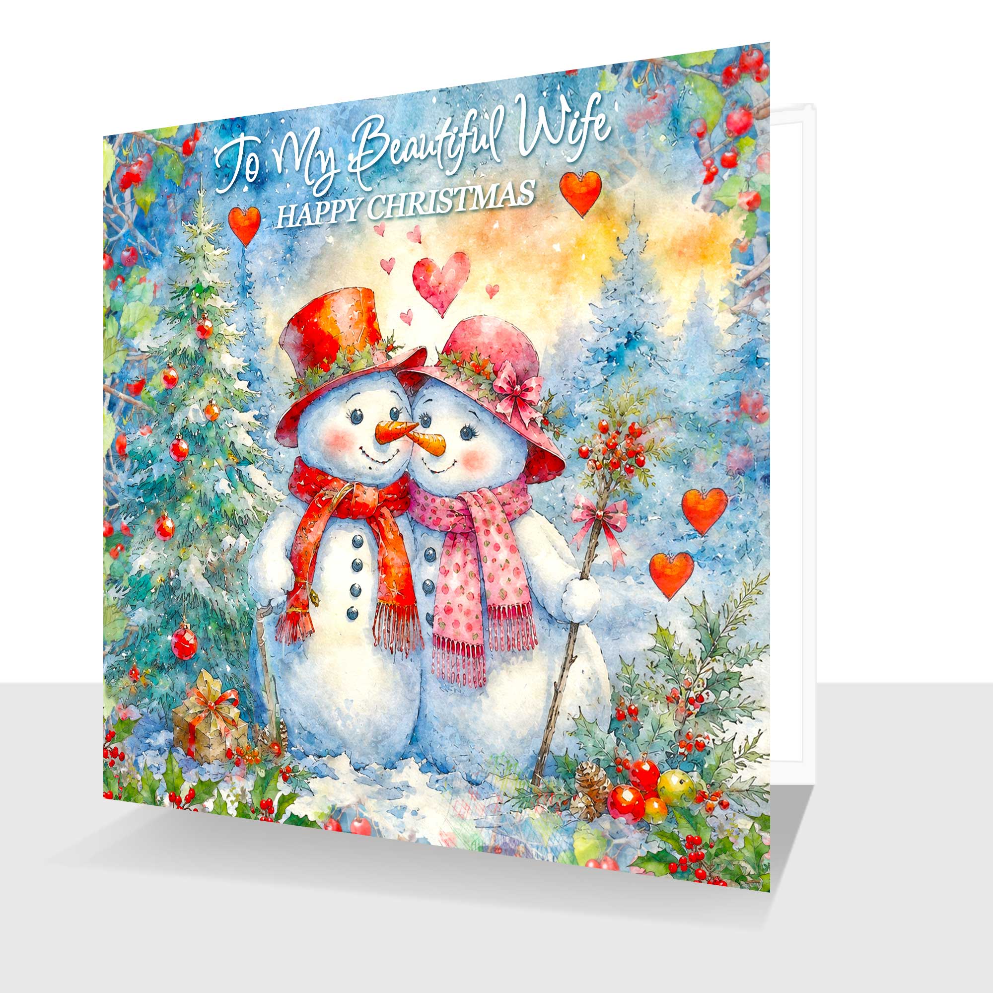 To My Beautiful Wife Happy Christmas Card – Sweet Snowmen