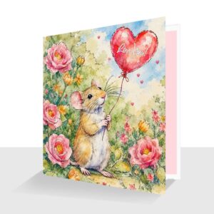 Love You Card : Cute mouse holding a heart shape balloon