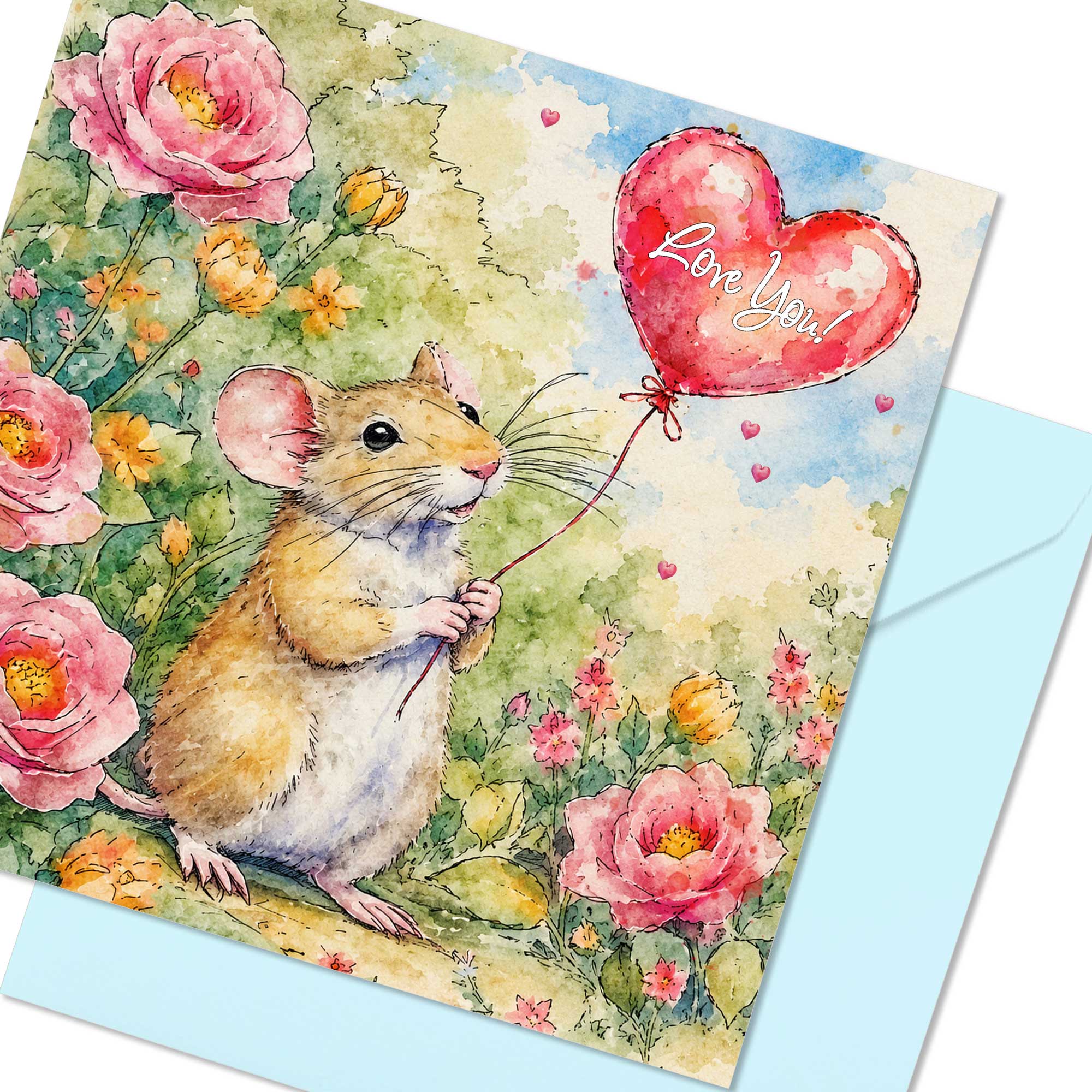 Love You Card : Cute mouse holding a heart shape balloon
