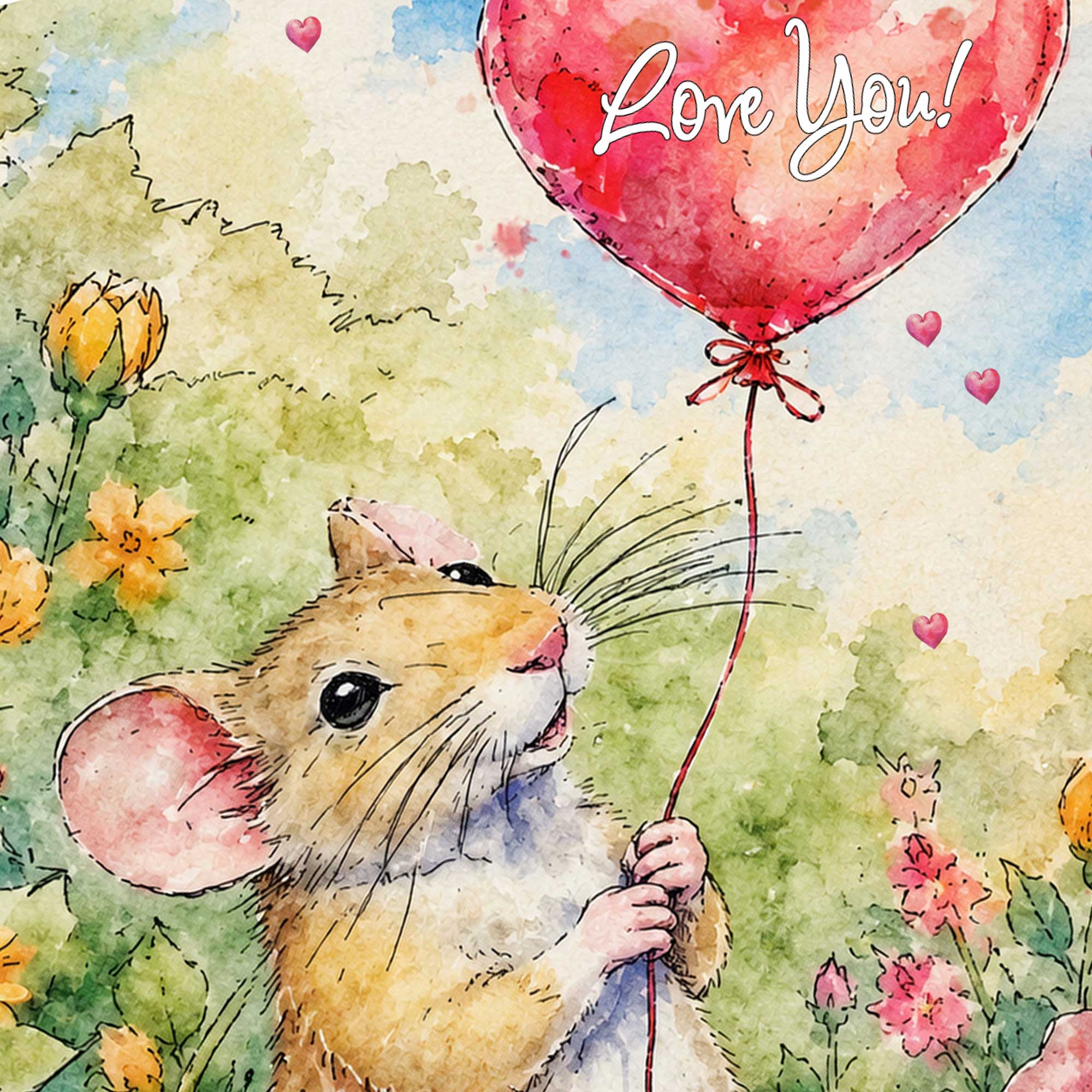 Love You Card : Cute mouse holding a heart shape balloon