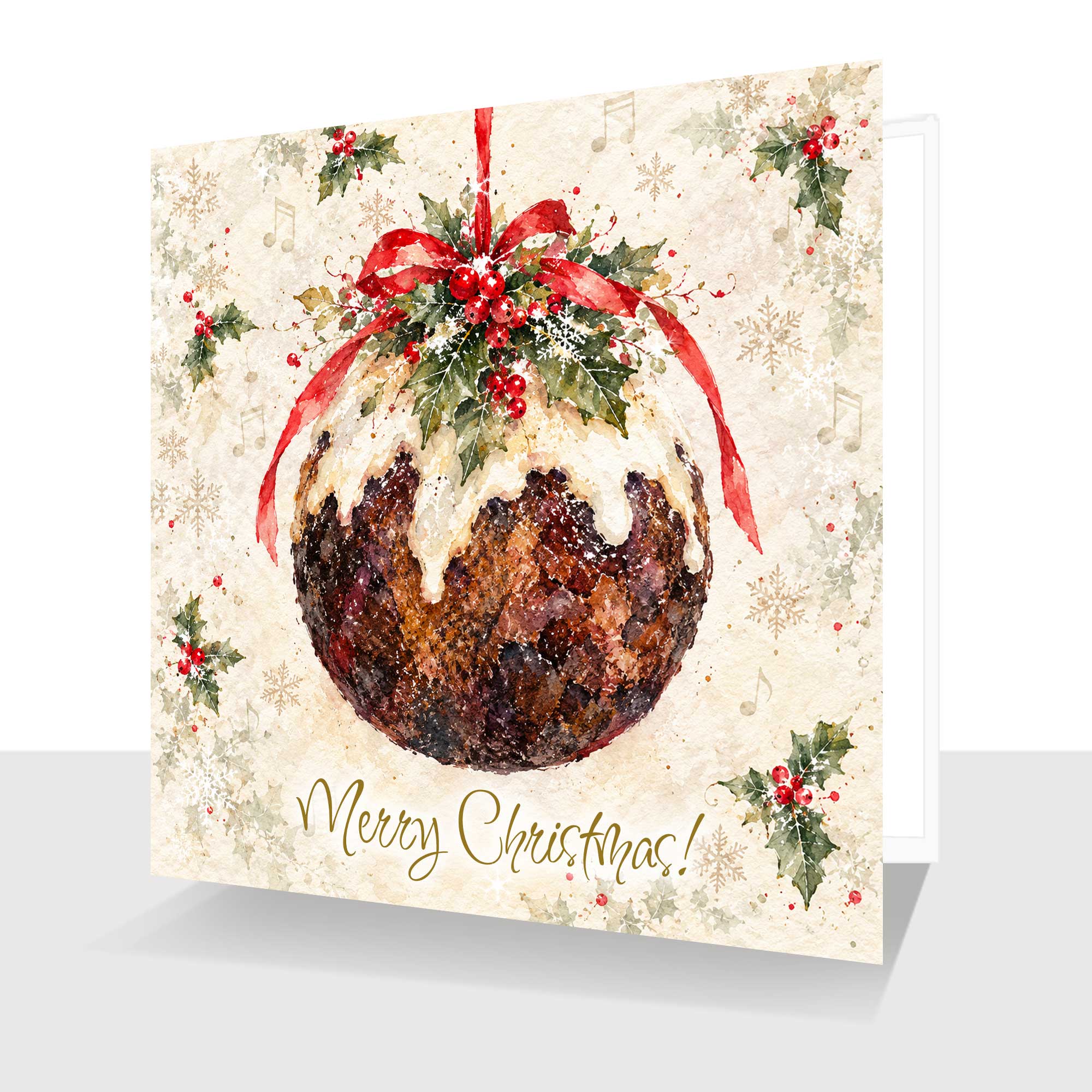 Pudding Bauble Christmas Card A luxury art print card, a gorgeous Christmas Card with a traditional look. finished with a touch of bio–degradable sparkle