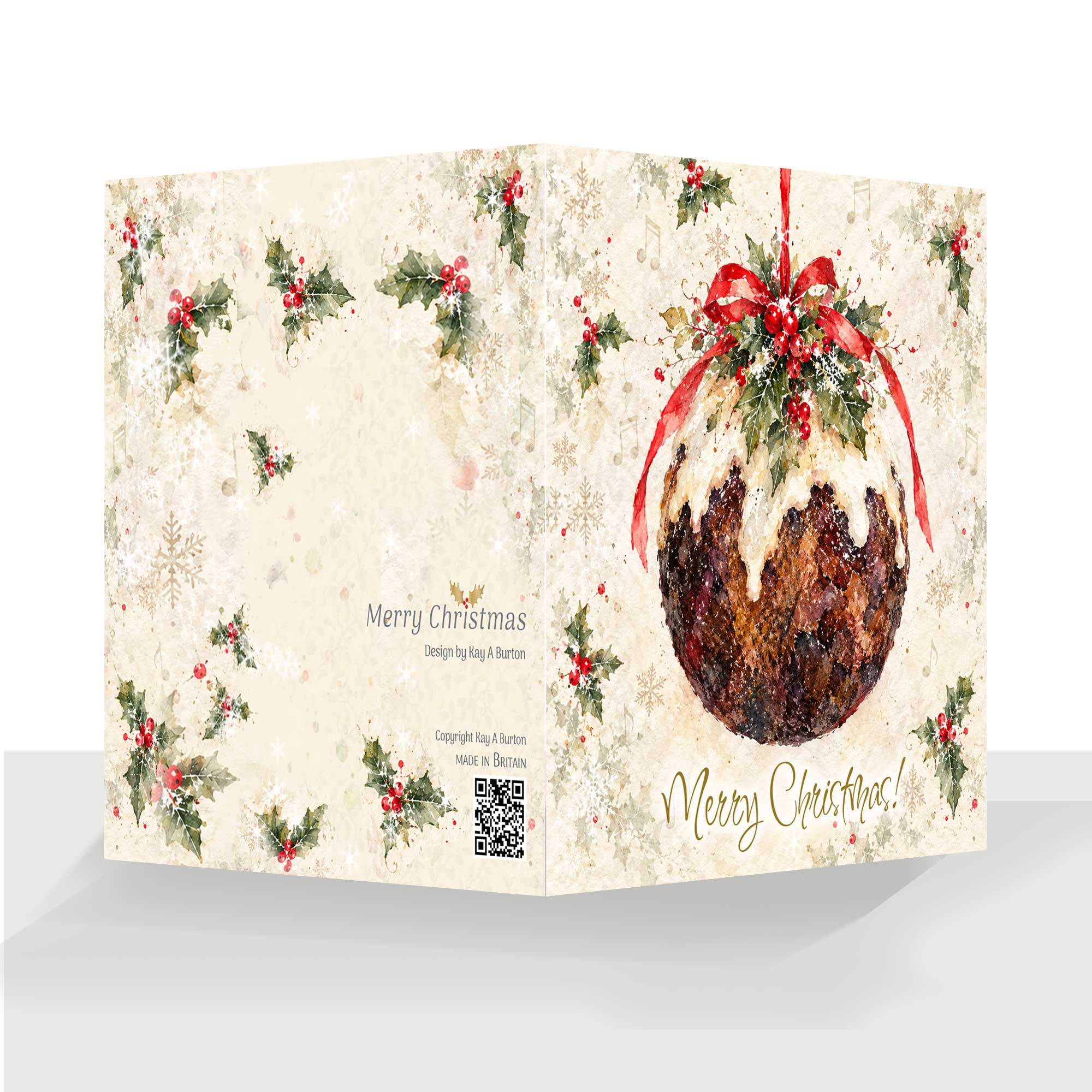 Pudding Bauble Christmas Card A luxury art print card, a gorgeous Christmas Card with a traditional look. finished with a touch of bio–degradable sparkle