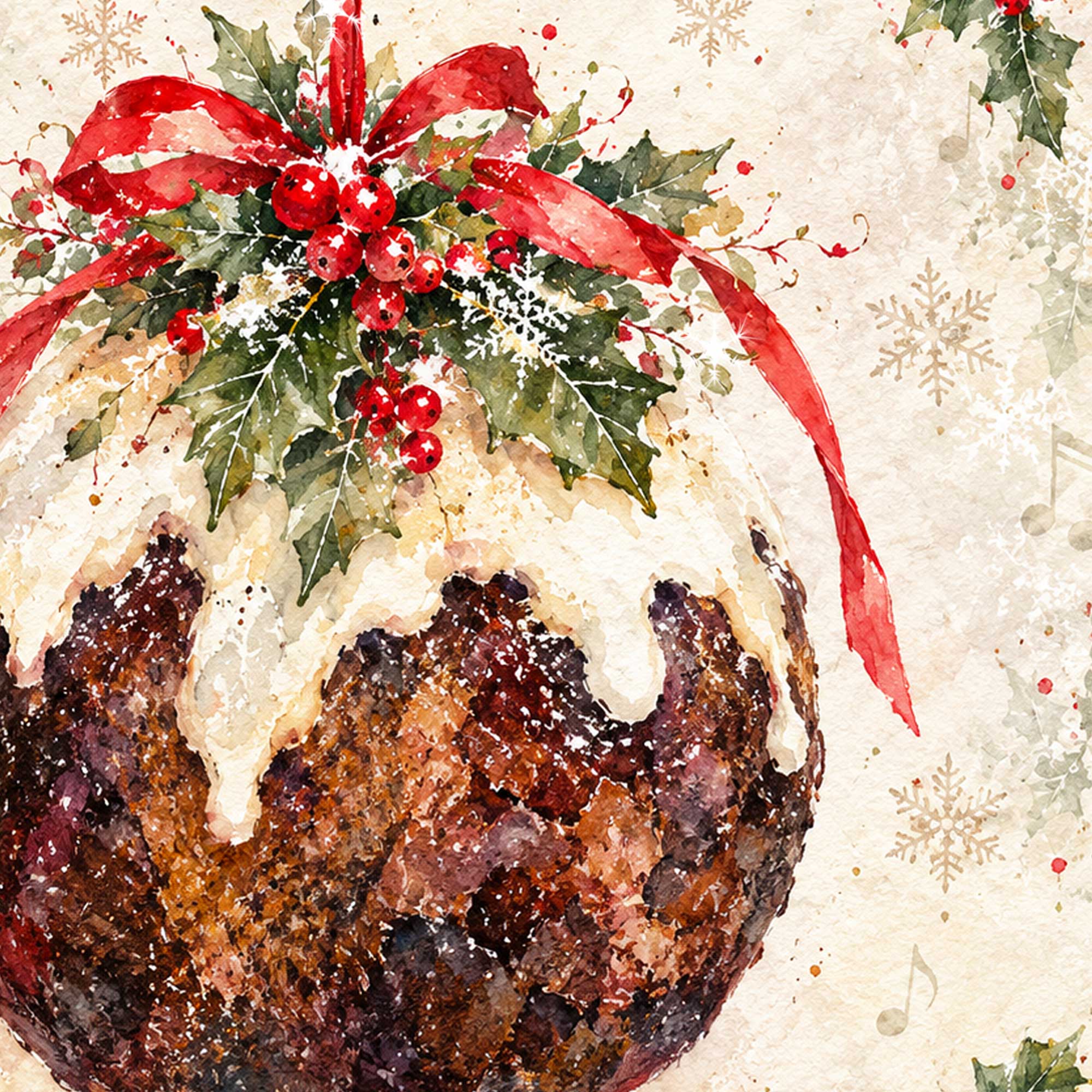 Pudding Bauble Christmas Card A luxury art print card, a gorgeous Christmas Card with a traditional look. finished with a touch of bio–degradable sparkle