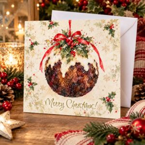 Pudding Bauble Christmas Card A luxury art print card, a gorgeous Christmas Card with a traditional look. finished with a touch of bio–degradable sparkle