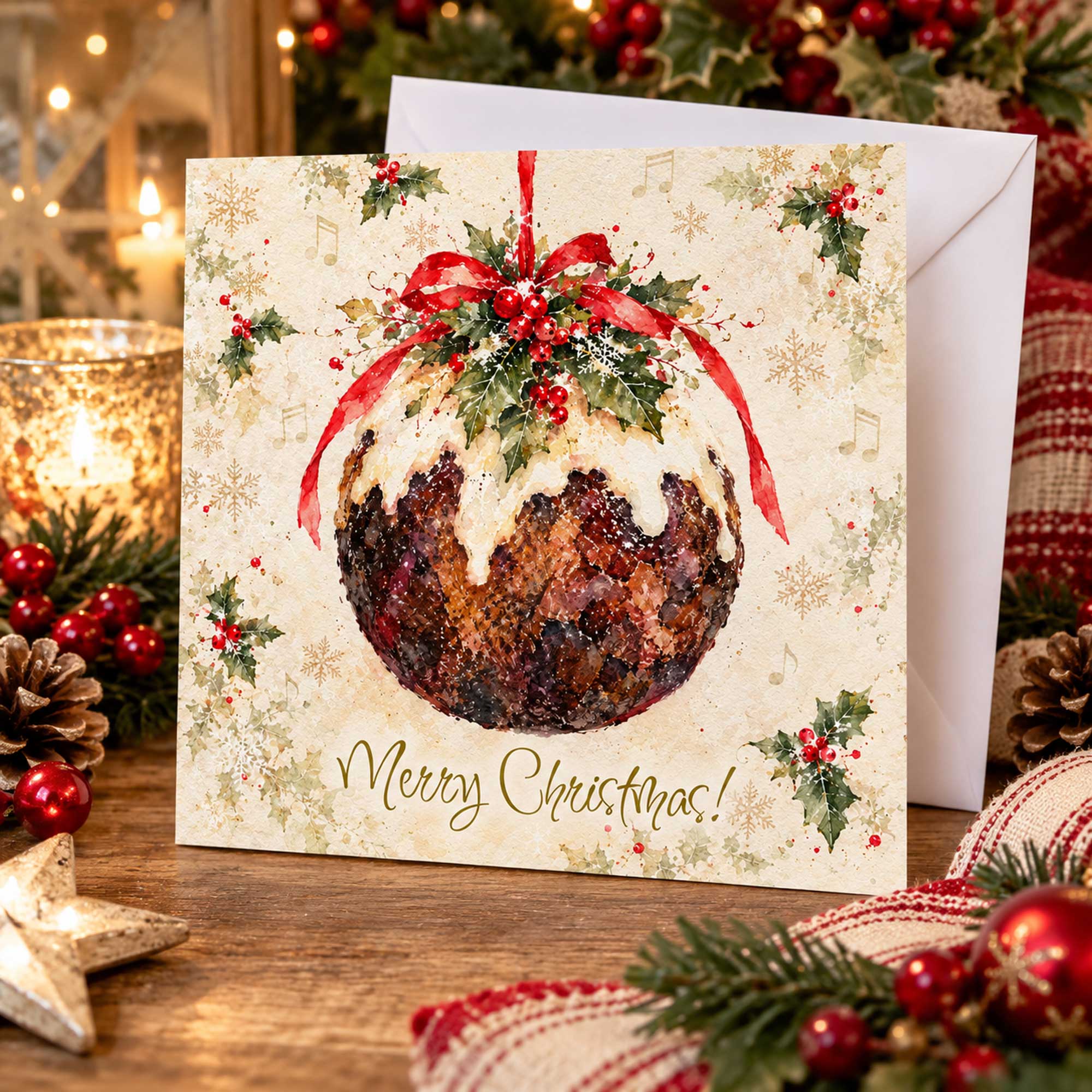 Pudding Bauble Christmas Card A luxury art print card, a gorgeous Christmas Card with a traditional look. finished with a touch of bio–degradable sparkle