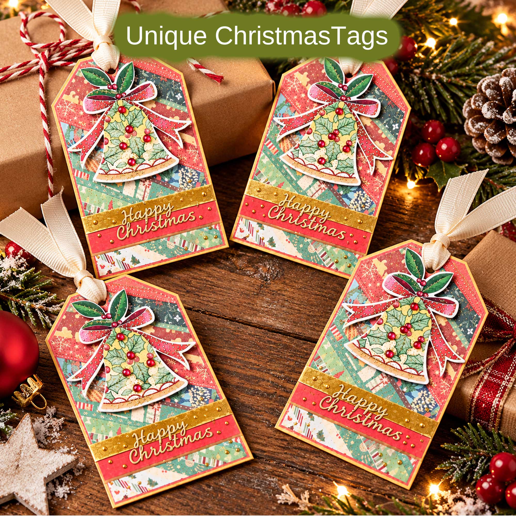 Christmas Bells Gift Tags - Unique Four Tag Pack
