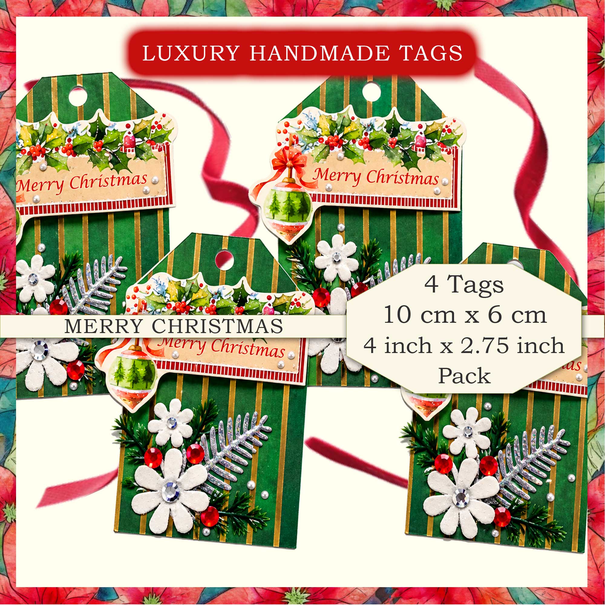 A 4 pack of luxurious Christmas tags with a Merry Christmas motif. Handmade with 3d elements,silver leaves, mulberry flowers and gems.