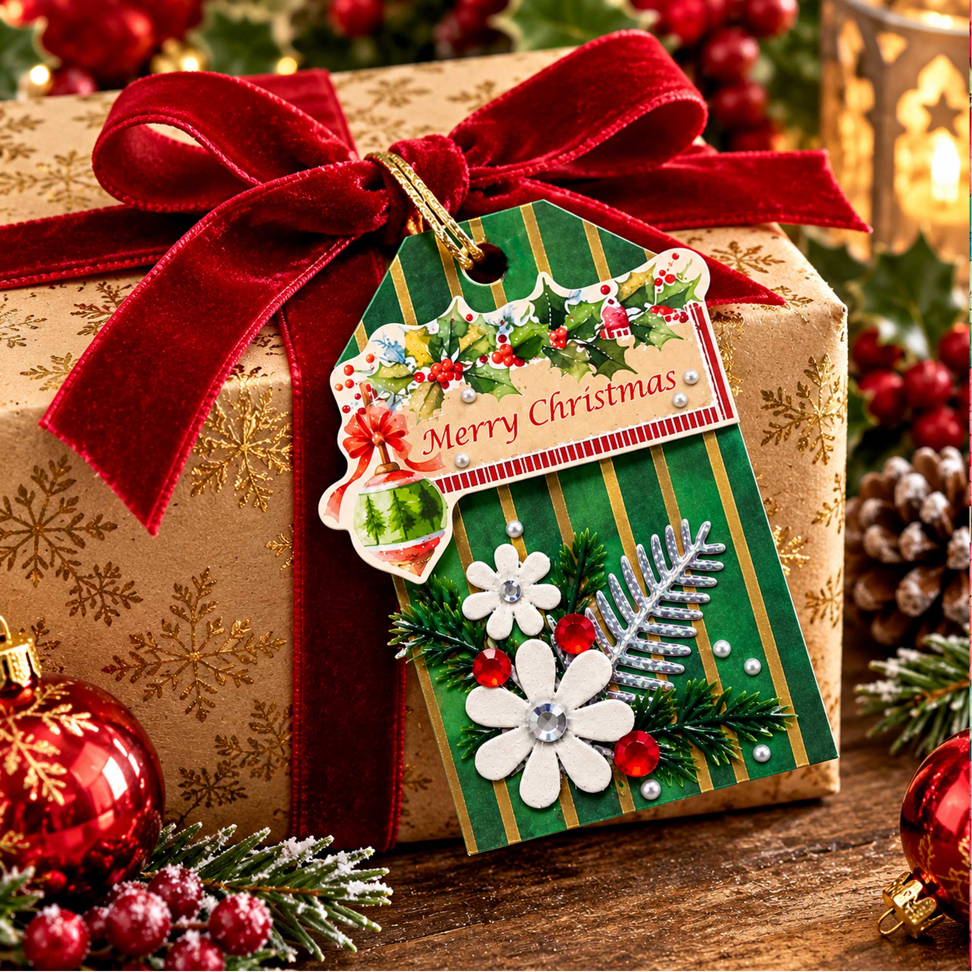 A 4 pack of luxurious Christmas tags with a Merry Christmas motif. Handmade with 3d elements,silver leaves, mulberry flowers and gems.