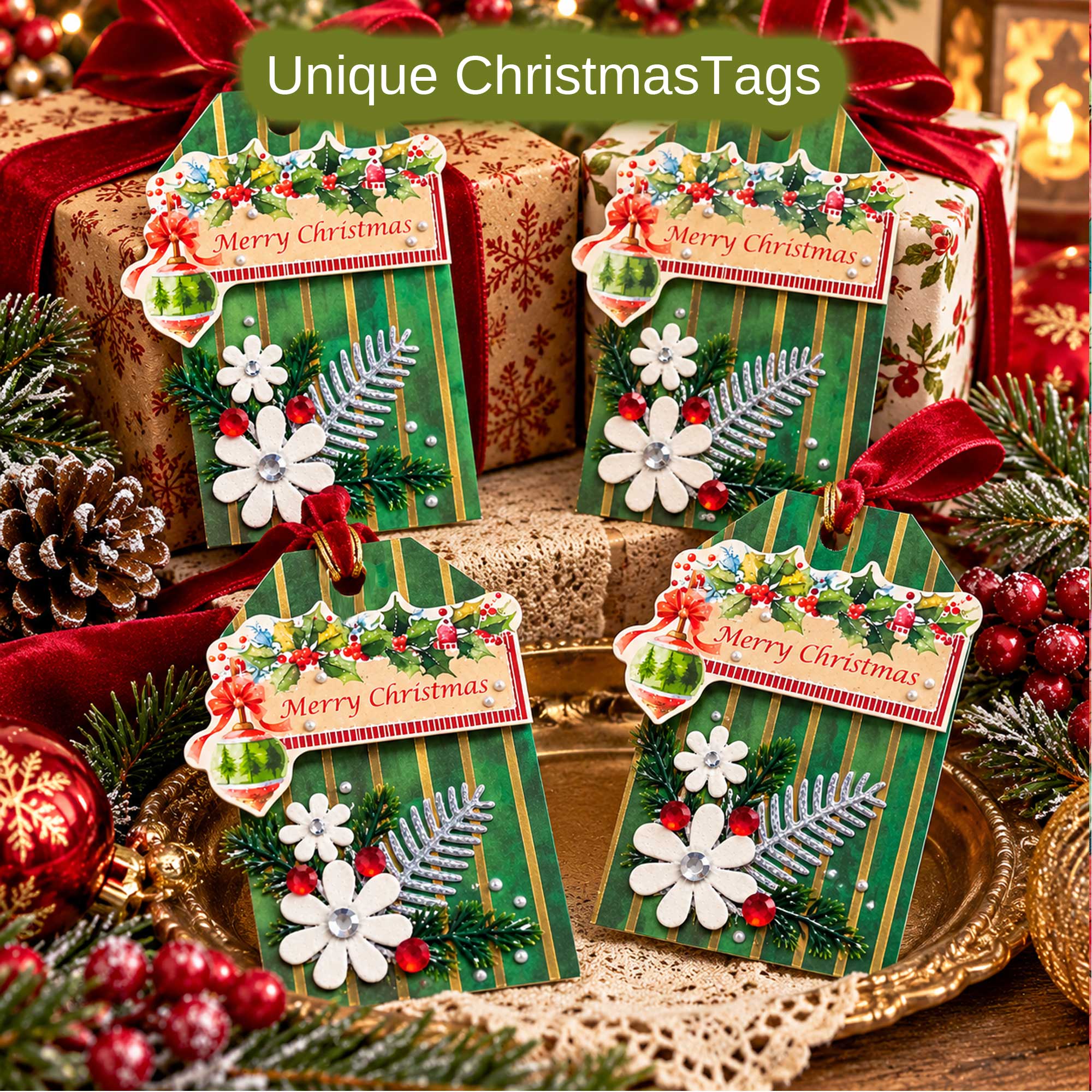 A 4 pack of luxurious Christmas tags with a Merry Christmas motif. Handmade with 3d elements,silver leaves, mulberry flowers and gems.