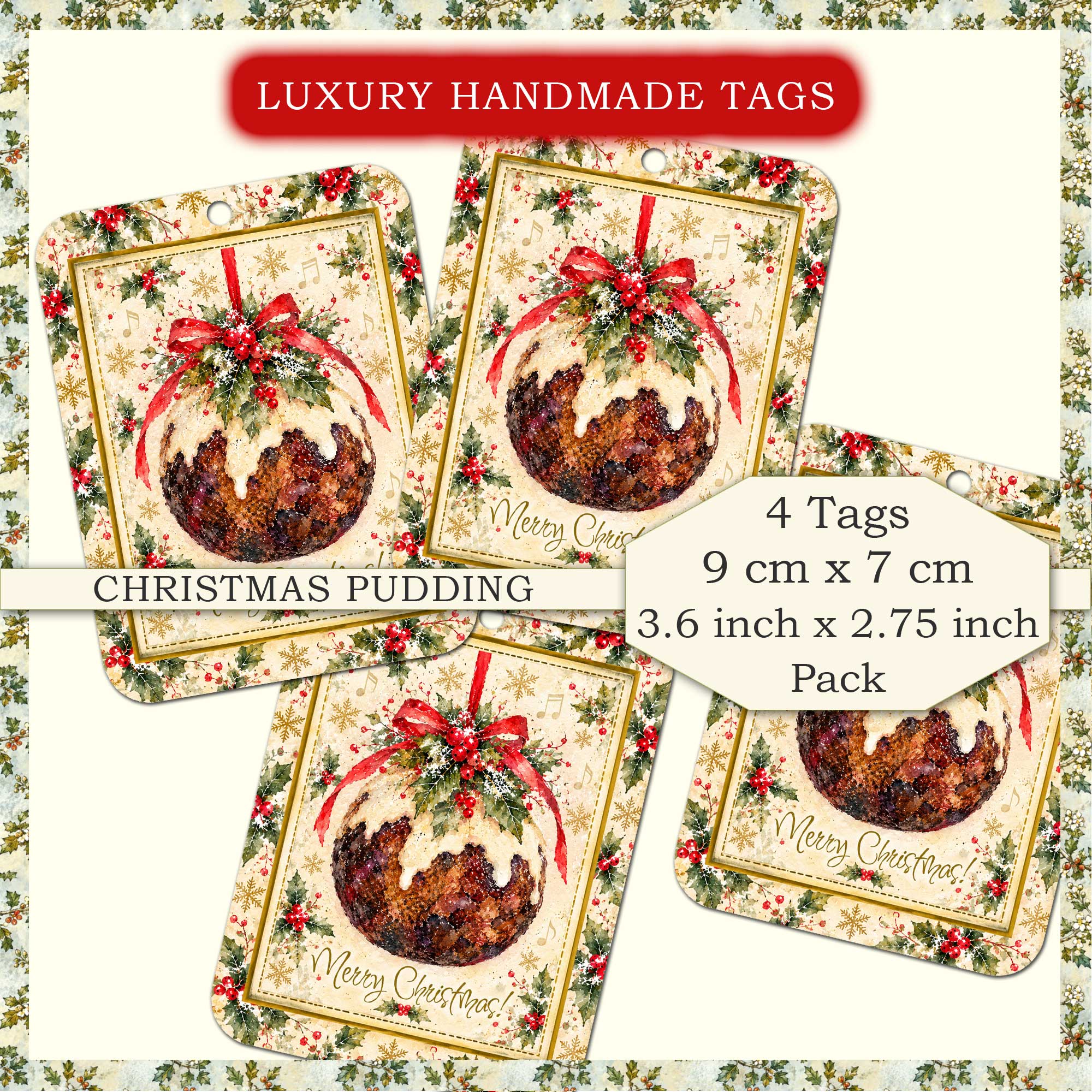Christmas Pudding Gift Tags - Four Tag Pack - Image 2