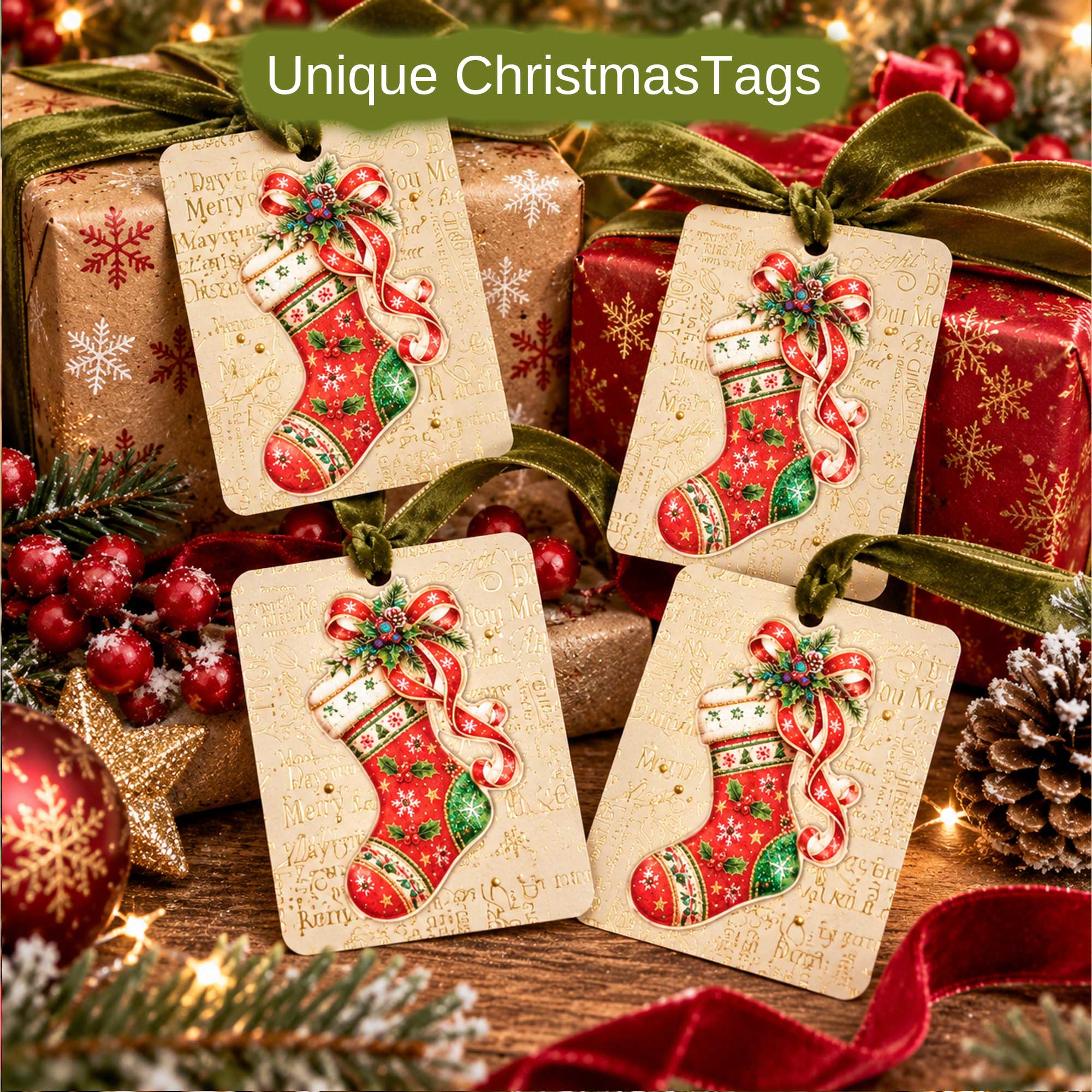 Christmas Socking's Gift Tags - Unique Four Tag Pack